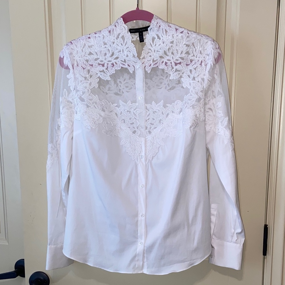 White House Black Market White Lace Yoke Button-Down Shirt